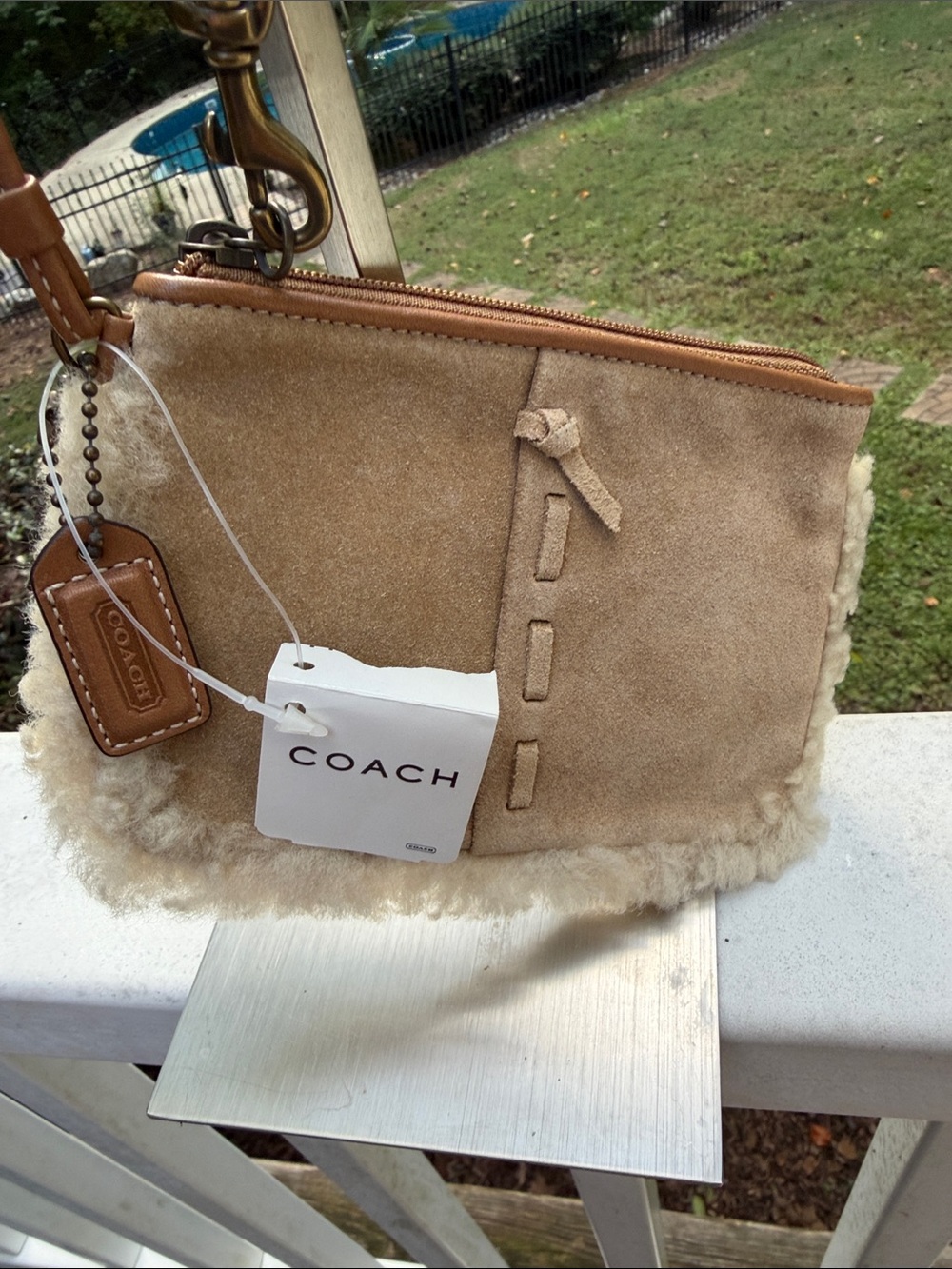 Coach Beige Suede Shearling Wristlet with Tan Trim NWT